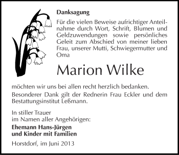 Traueranzeige von Marion Wilke von Mitteldeutsche Zeitung Wittenberg