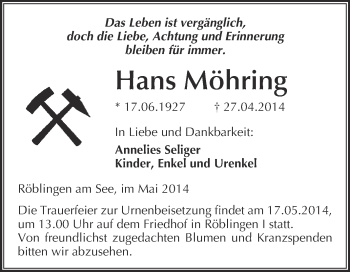 Traueranzeige von Hans Möhring von Super Sonntag Merseburg