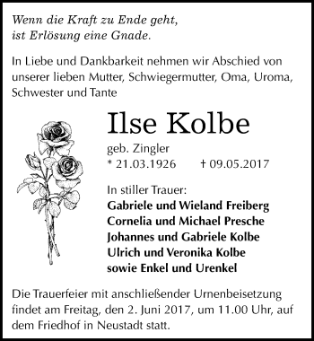 Traueranzeige von Ilse Kolbe von Mitteldeutsche Zeitung Halle/Saalkreis