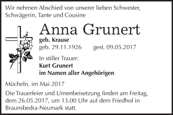 Traueranzeige von Anna Grunert von WVG - Wochenspiegel Merseburg