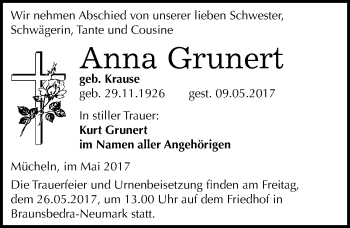 Traueranzeige von Anna Grunert von Mitteldeutsche Zeitung Merseburg/Querfurt