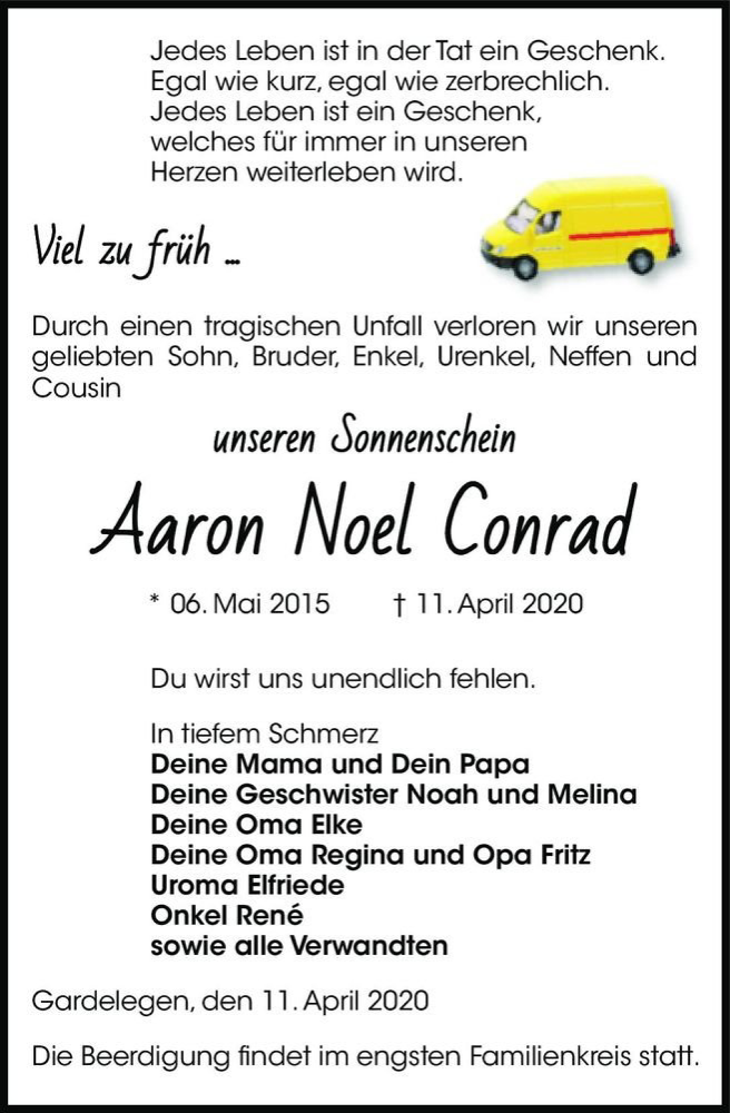  Traueranzeige für Aaron Noel Conrad  vom 15.04.2020 aus Magdeburger Volksstimme