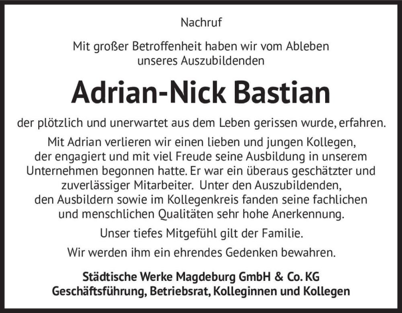  Traueranzeige für Adrian - Nick Bastian  vom 04.06.2022 aus Magdeburger Volksstimme