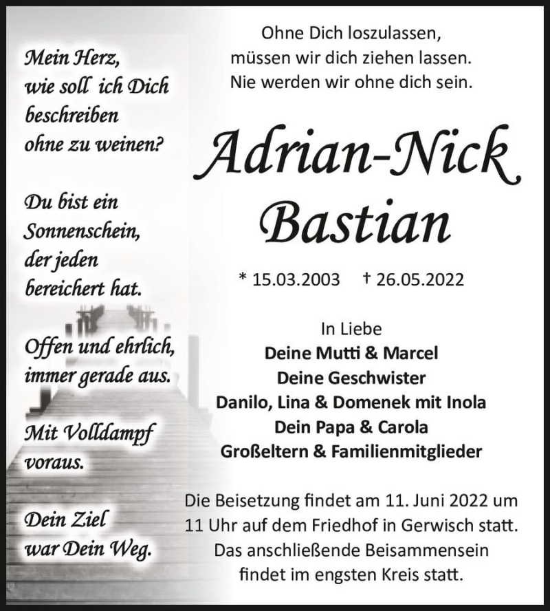  Traueranzeige für Adrian - Nick Bastian  vom 04.06.2022 aus Magdeburger Volksstimme