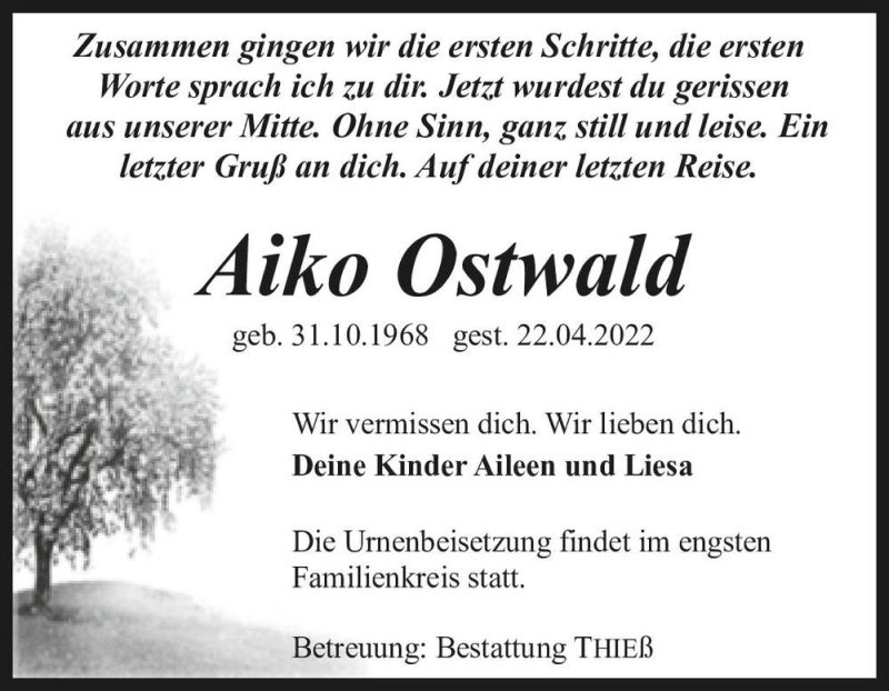  Traueranzeige für Aiko Ostwald  vom 14.05.2022 aus Magdeburger Volksstimme