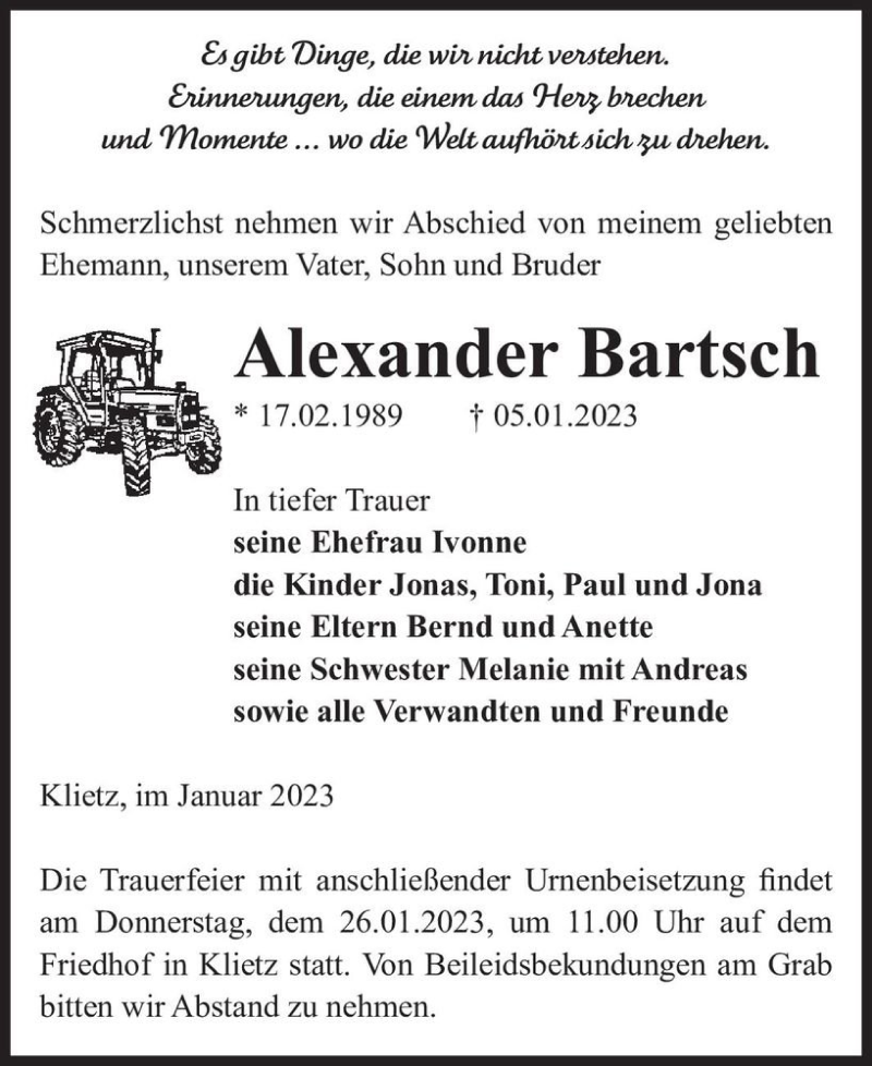  Traueranzeige für Alexander Bartsch  vom 14.01.2023 aus Magdeburger Volksstimme