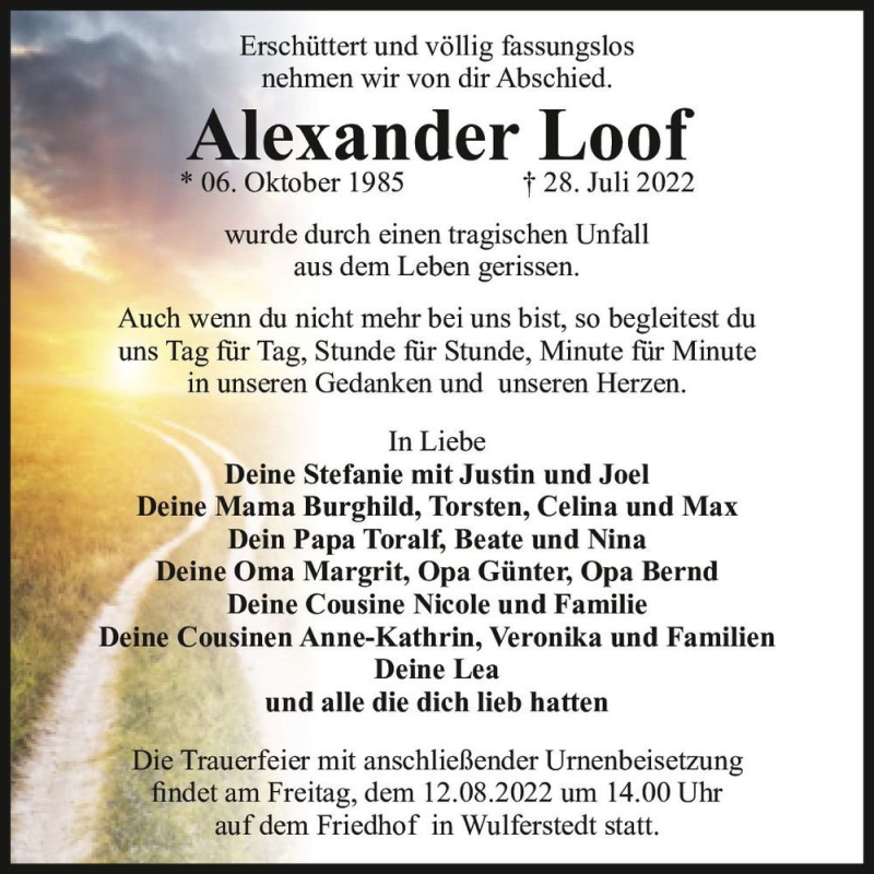  Traueranzeige für Alexander Loof  vom 06.08.2022 aus Magdeburger Volksstimme