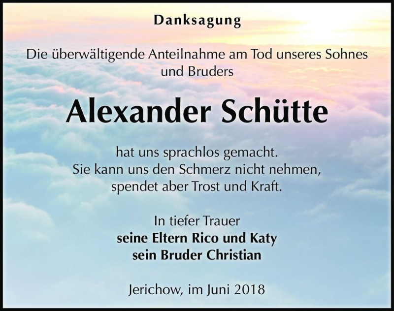  Traueranzeige für Alexander Schütte  vom 07.07.2018 aus Magdeburger Volksstimme