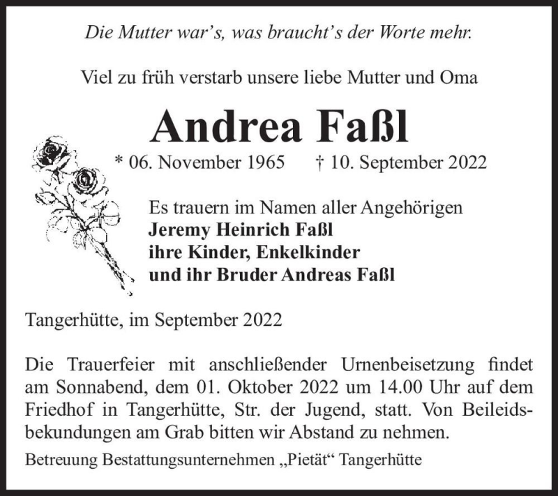  Traueranzeige für Andrea Faßl  vom 20.09.2022 aus Magdeburger Volksstimme