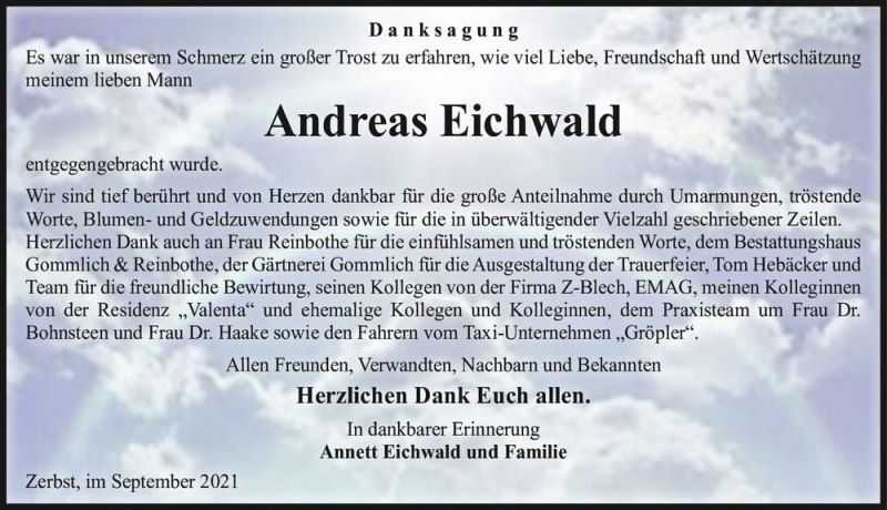  Traueranzeige für Andreas Eichwald  vom 09.10.2021 aus Magdeburger Volksstimme