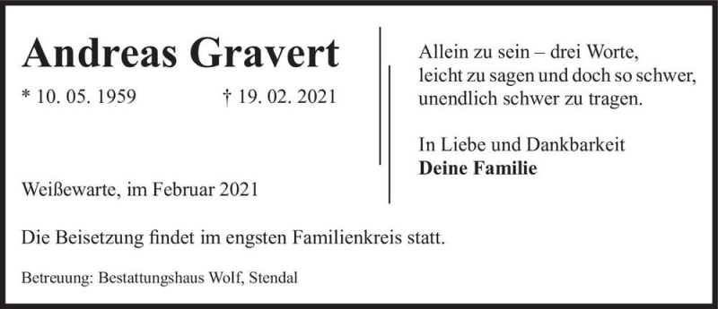  Traueranzeige für Andreas Gravert  vom 27.02.2021 aus Magdeburger Volksstimme