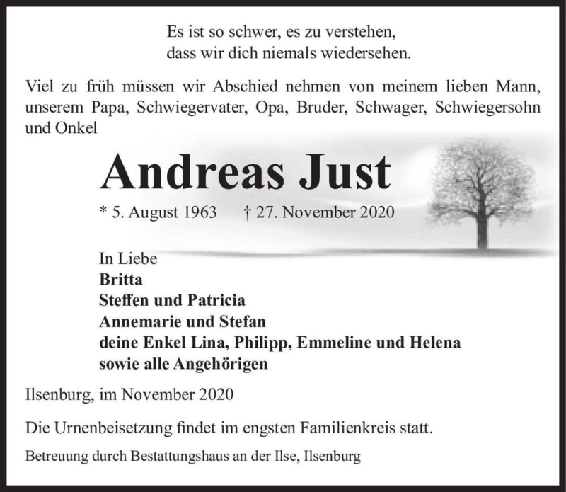  Traueranzeige für Andreas Just  vom 02.12.2020 aus Magdeburger Volksstimme