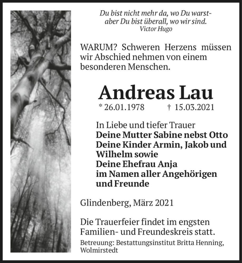  Traueranzeige für Andreas Lau  vom 27.03.2021 aus Magdeburger Volksstimme