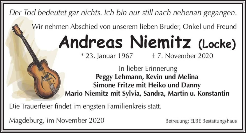  Traueranzeige für Andreas Niemitz (Locke)  vom 14.11.2020 aus Magdeburger Volksstimme