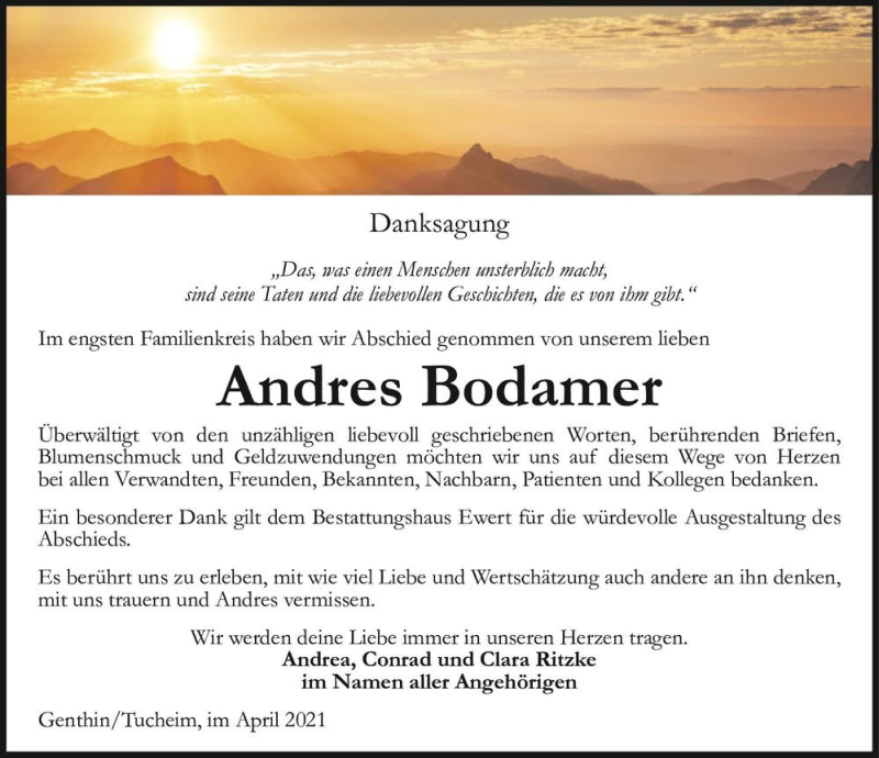  Traueranzeige für Andres Bodamer  vom 24.04.2021 aus Magdeburger Volksstimme
