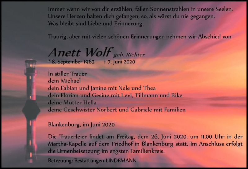  Traueranzeige für Anett Wolf (geb. Richter)  vom 13.06.2020 aus Magdeburger Volksstimme