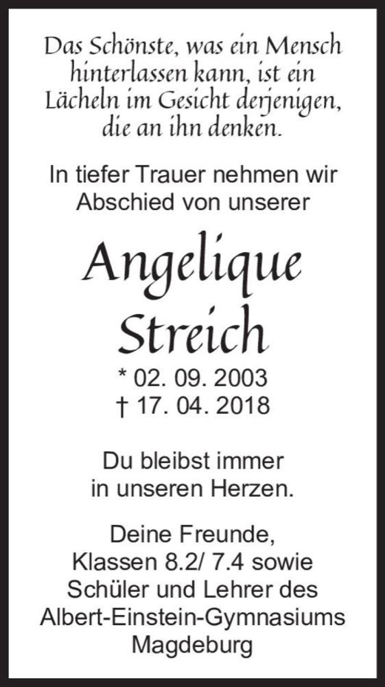  Traueranzeige für Angelique Streich  vom 09.05.2018 aus Magdeburger Volksstimme