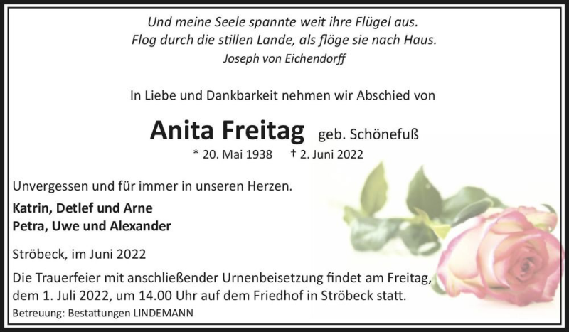  Traueranzeige für Anita Freitag (geb. Schönefuß)  vom 11.06.2022 aus Magdeburger Volksstimme