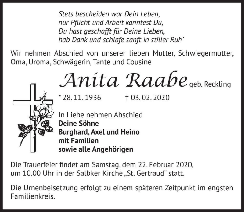  Traueranzeige für Anita Raabe (geb. Reckling)  vom 15.02.2020 aus Magdeburger Volksstimme