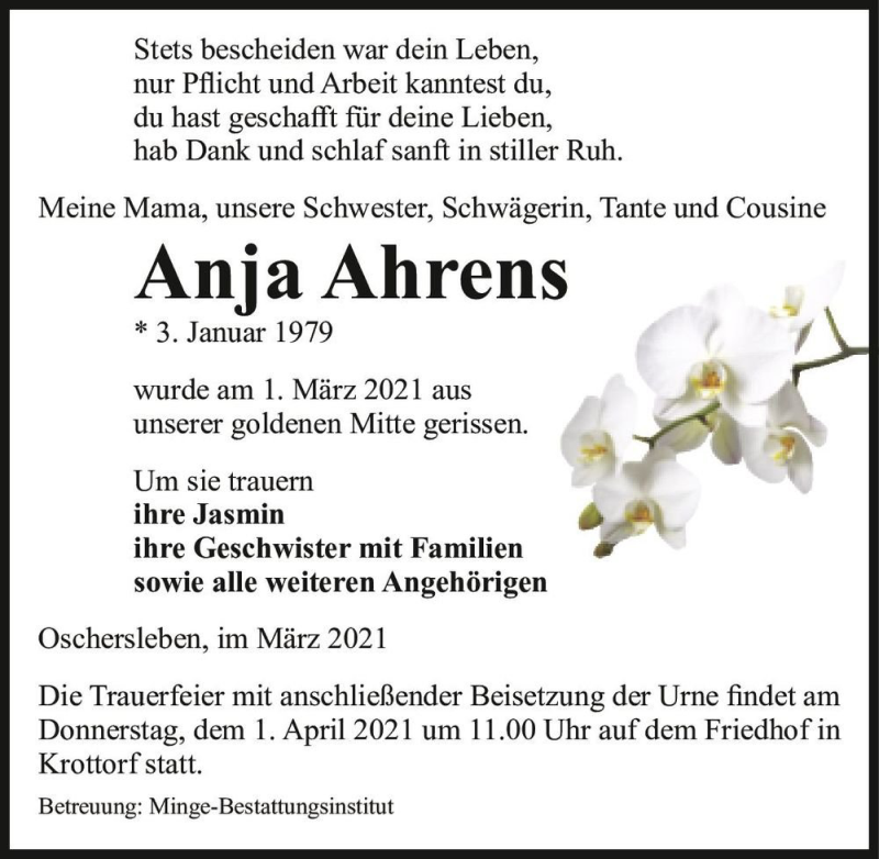  Traueranzeige für Anja Ahrens  vom 06.03.2021 aus Magdeburger Volksstimme