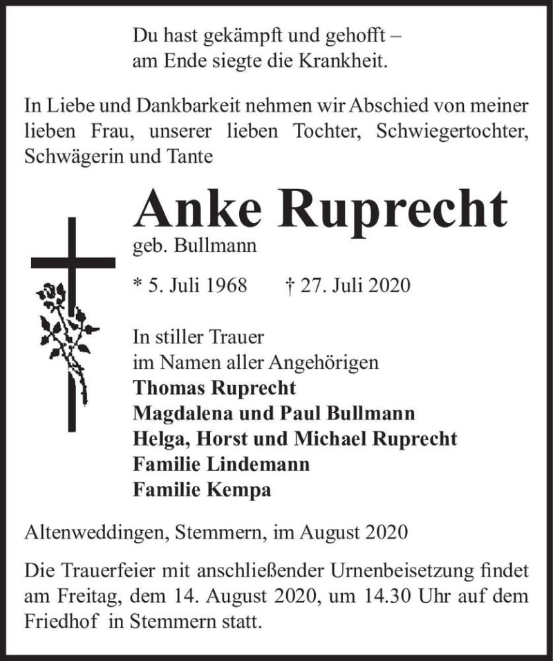  Traueranzeige für Anke Ruprecht (geb. Bullmann)  vom 01.08.2020 aus Magdeburger Volksstimme