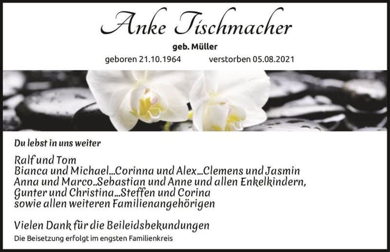  Traueranzeige für Anke Tischmacher (geb. Müller)  vom 21.08.2021 aus Magdeburger Volksstimme