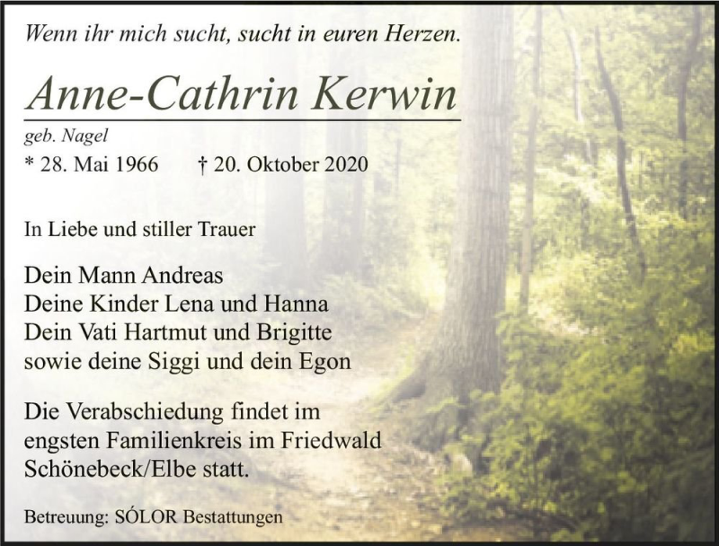  Traueranzeige für Anne-Cathrin Kerwin (geb. Nagel)  vom 30.10.2020 aus Magdeburger Volksstimme