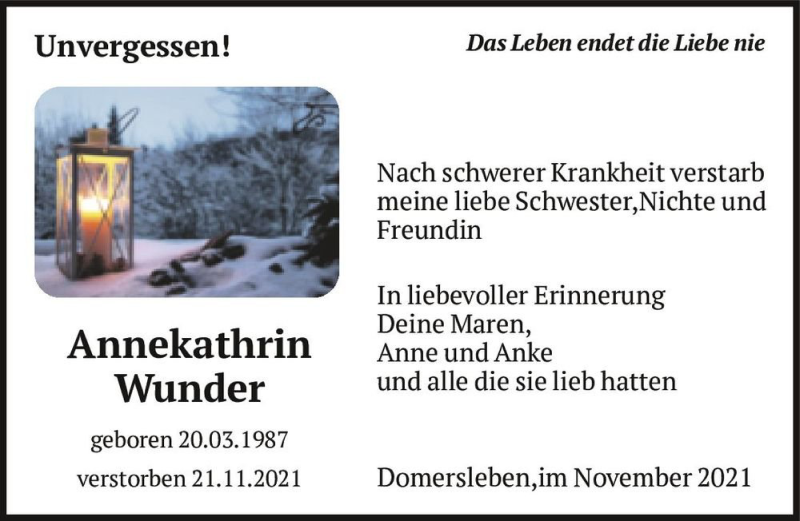  Traueranzeige für Annekathrin Wunder  vom 11.12.2021 aus Magdeburger Volksstimme