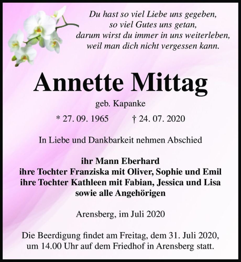  Traueranzeige für Annette Mittag (geb. Kapanke)  vom 30.07.2020 aus Magdeburger Volksstimme