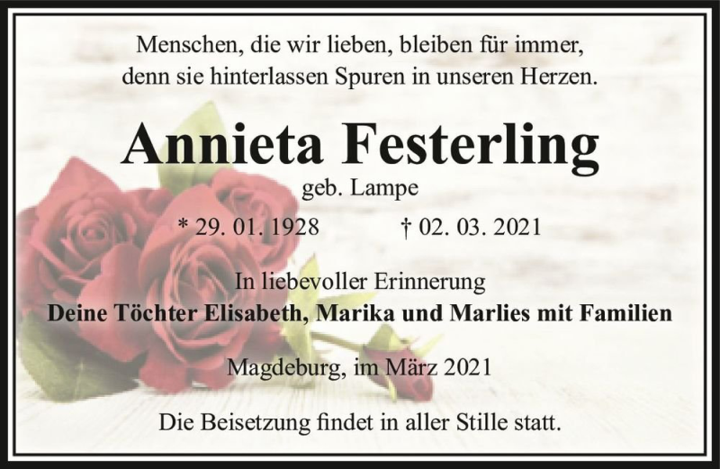  Traueranzeige für Annieta Festerling (geb. Lampe)  vom 13.03.2021 aus Magdeburger Volksstimme