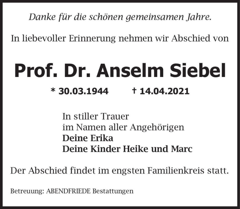  Traueranzeige für Anselm Siebel  vom 24.04.2021 aus Magdeburger Volksstimme