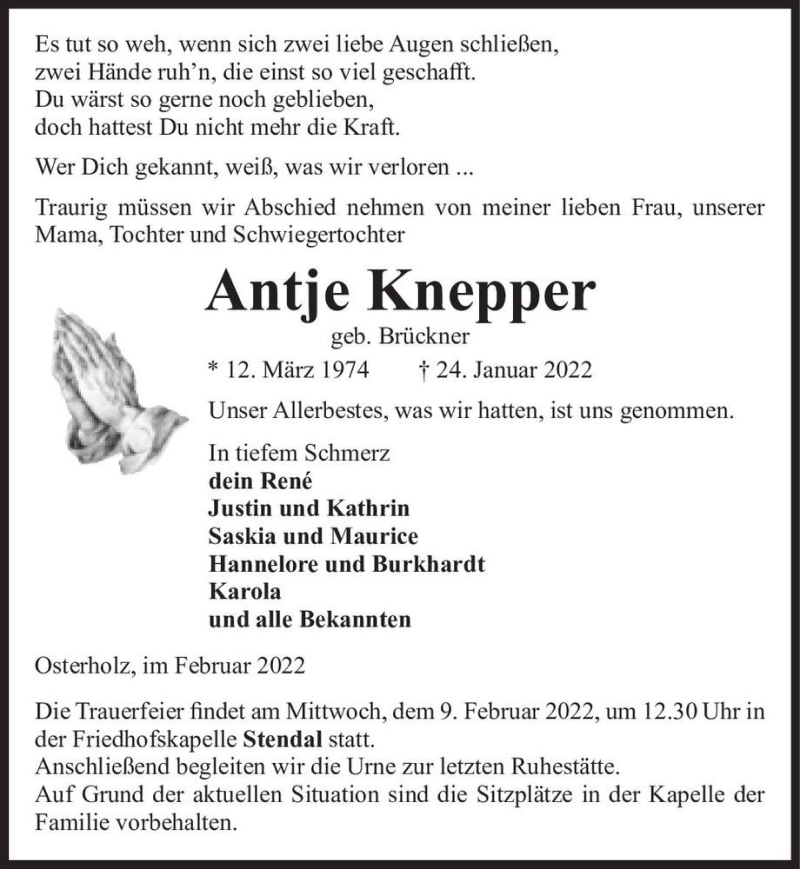  Traueranzeige für Antje Knepper (geb. Brückner)  vom 01.02.2022 aus Magdeburger Volksstimme