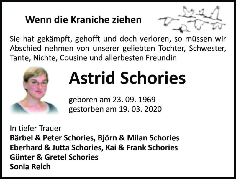  Traueranzeige für Astrid Schories  vom 26.03.2020 aus Magdeburger Volksstimme