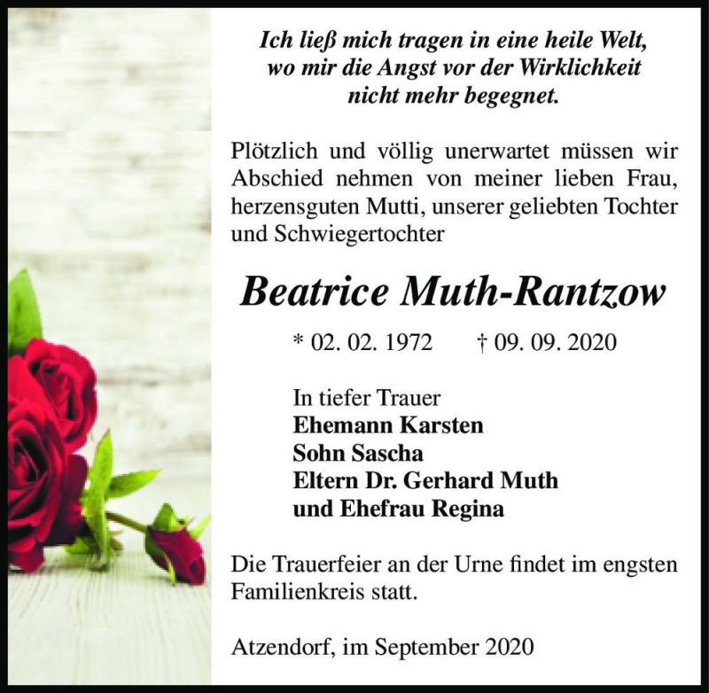  Traueranzeige für Beatrice Muth-Rantzow  vom 19.09.2020 aus Magdeburger Volksstimme