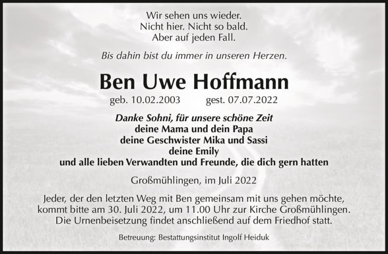  Traueranzeige für Ben Uwe Hoffmann  vom 16.07.2022 aus Magdeburger Volksstimme