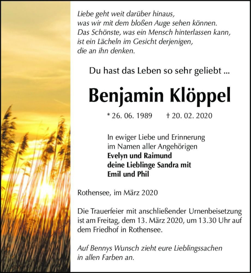  Traueranzeige für Benjamin Klöppel  vom 07.03.2020 aus Magdeburger Volksstimme
