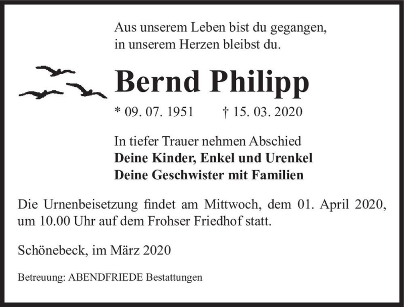  Traueranzeige für Bernd Philipp  vom 21.03.2020 aus Magdeburger Volksstimme