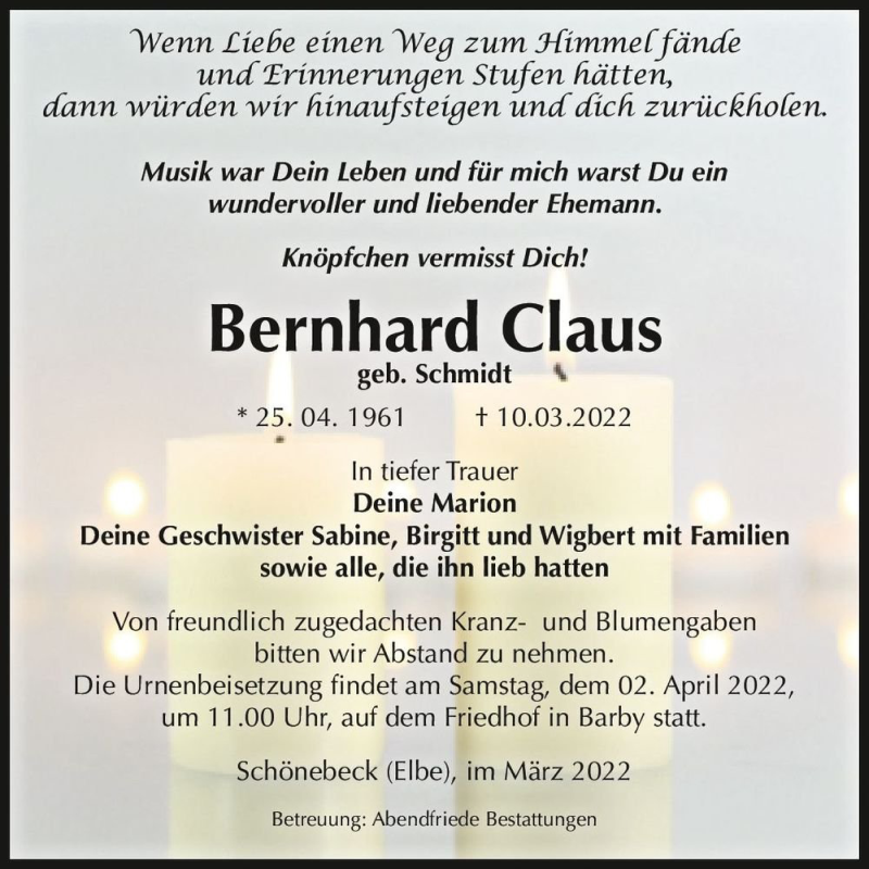  Traueranzeige für Bernhard Claus (geb. Schmidt)  vom 19.03.2022 aus Magdeburger Volksstimme