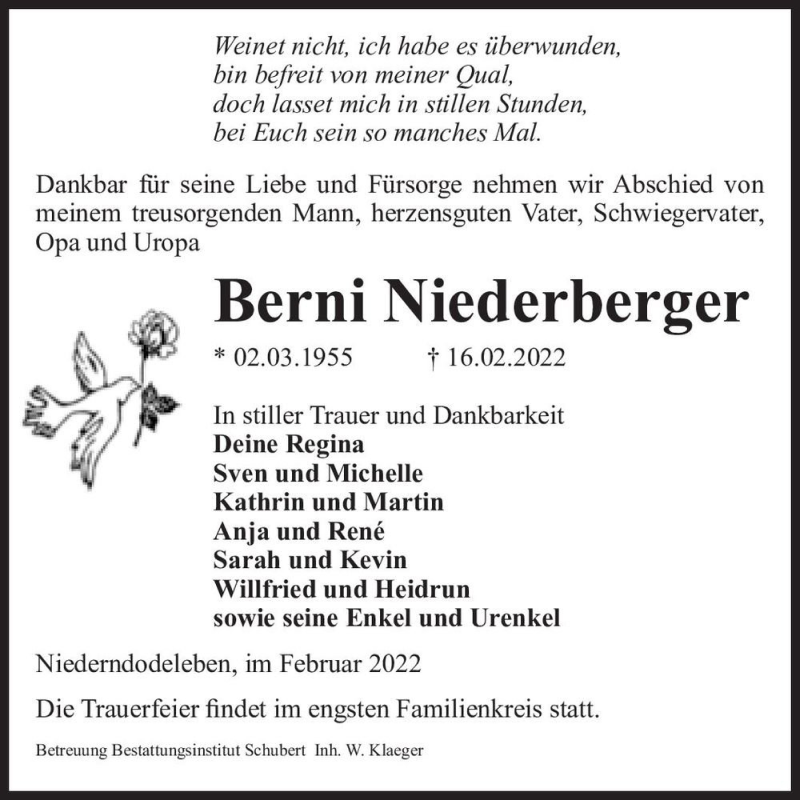  Traueranzeige für Berni Niederberger  vom 01.03.2022 aus Magdeburger Volksstimme