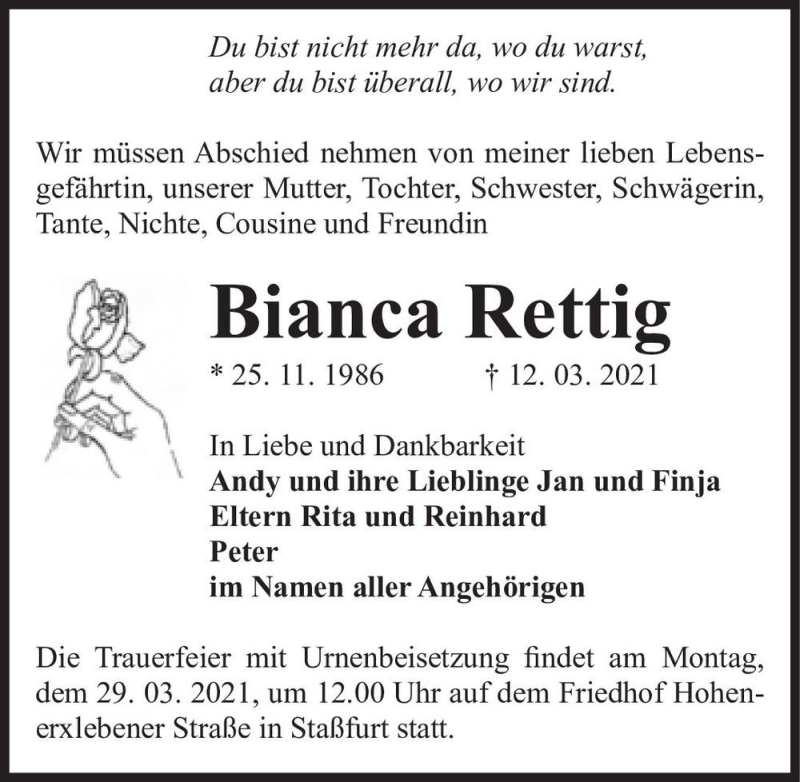  Traueranzeige für Bianca Rettig  vom 20.03.2021 aus Magdeburger Volksstimme