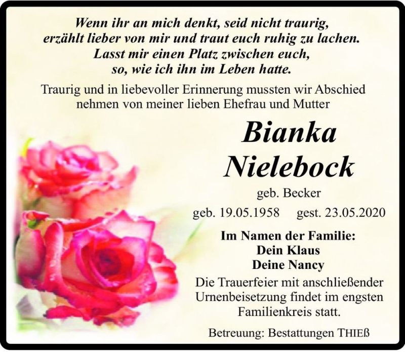  Traueranzeige für Bianka Nielebock (geb. Becker)  vom 06.06.2020 aus Magdeburger Volksstimme
