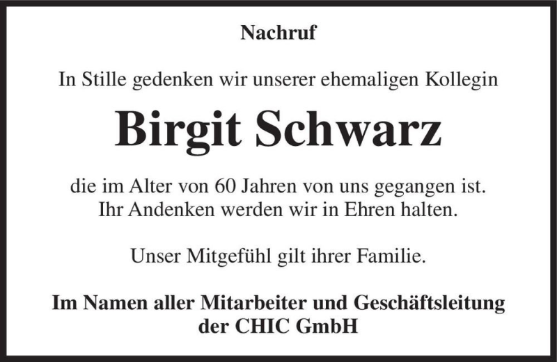 Traueranzeige für Birgit Schwarz  vom 31.07.2021 aus Magdeburger Volksstimme