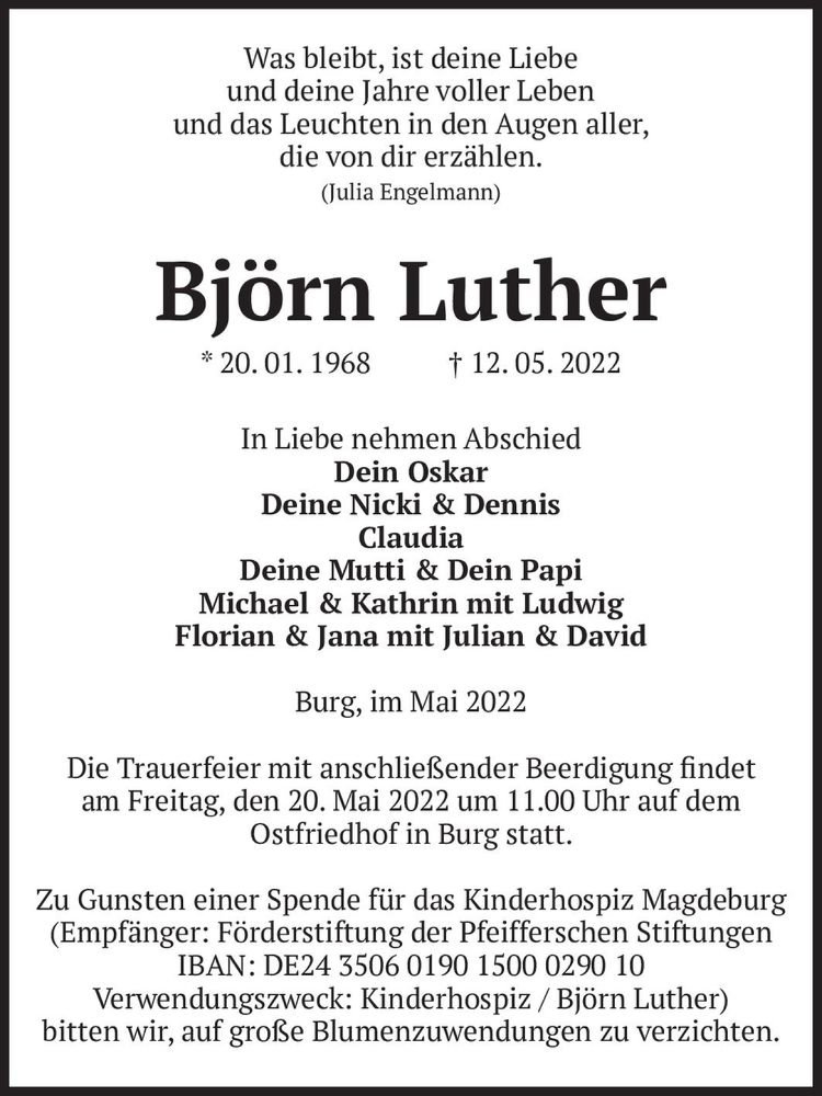  Traueranzeige für Björn Luther  vom 18.05.2022 aus Magdeburger Volksstimme