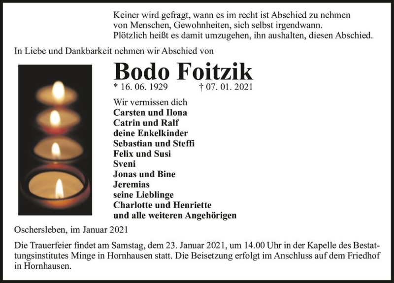  Traueranzeige für Bodo Foitzik  vom 12.01.2021 aus Magdeburger Volksstimme