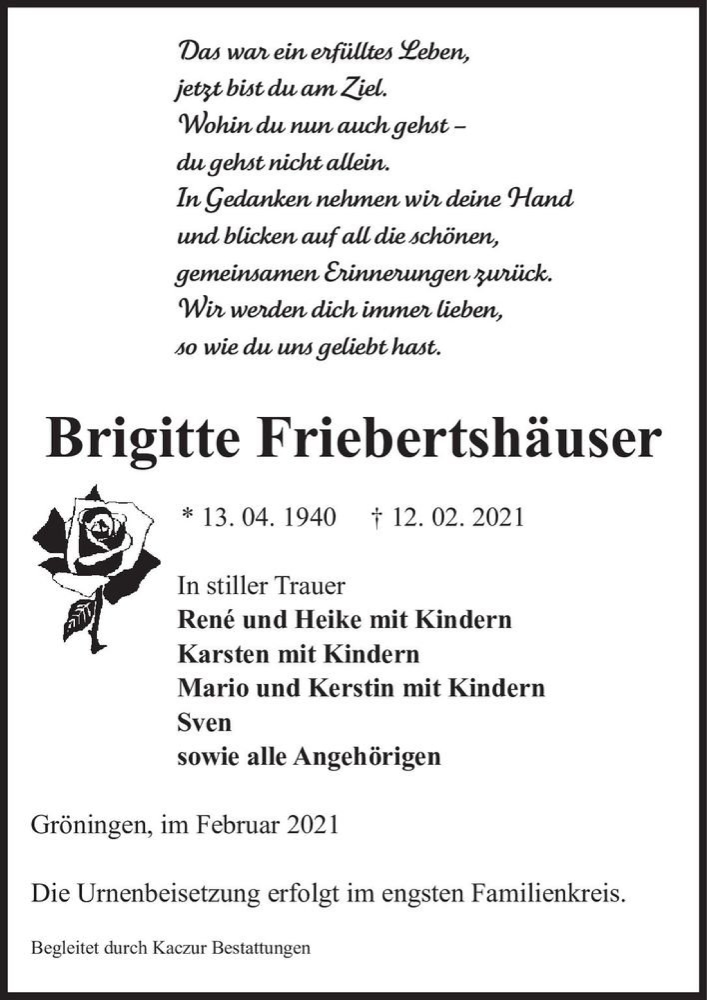  Traueranzeige für Brigitte Friebertshäuser  vom 17.02.2021 aus Magdeburger Volksstimme