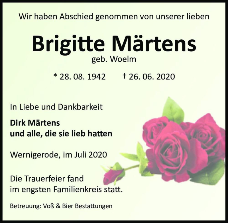  Traueranzeige für Brigitte Märtens (geb. Woelm)  vom 18.07.2020 aus Magdeburger Volksstimme