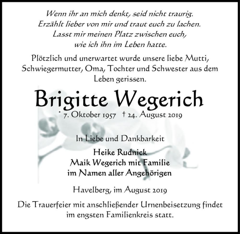  Traueranzeige für Brigitte Wegerich  vom 27.08.2019 aus Magdeburger Volksstimme
