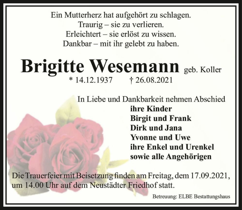  Traueranzeige für Brigitte Wesemann (geb. Koller)  vom 04.09.2021 aus Magdeburger Volksstimme