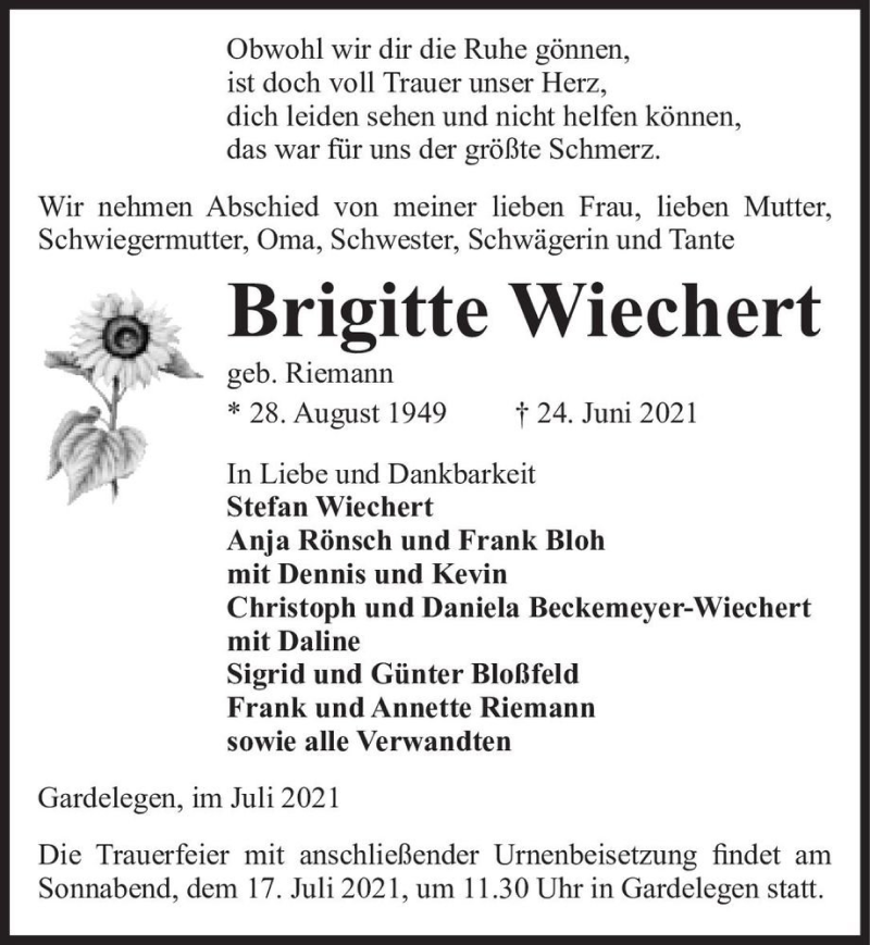  Traueranzeige für Brigitte Wiechert (geb. Riemann)  vom 02.07.2021 aus Magdeburger Volksstimme