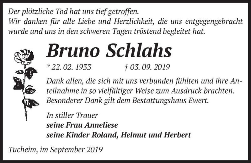  Traueranzeige für Bruno Schlahs  vom 14.09.2019 aus Magdeburger Volksstimme